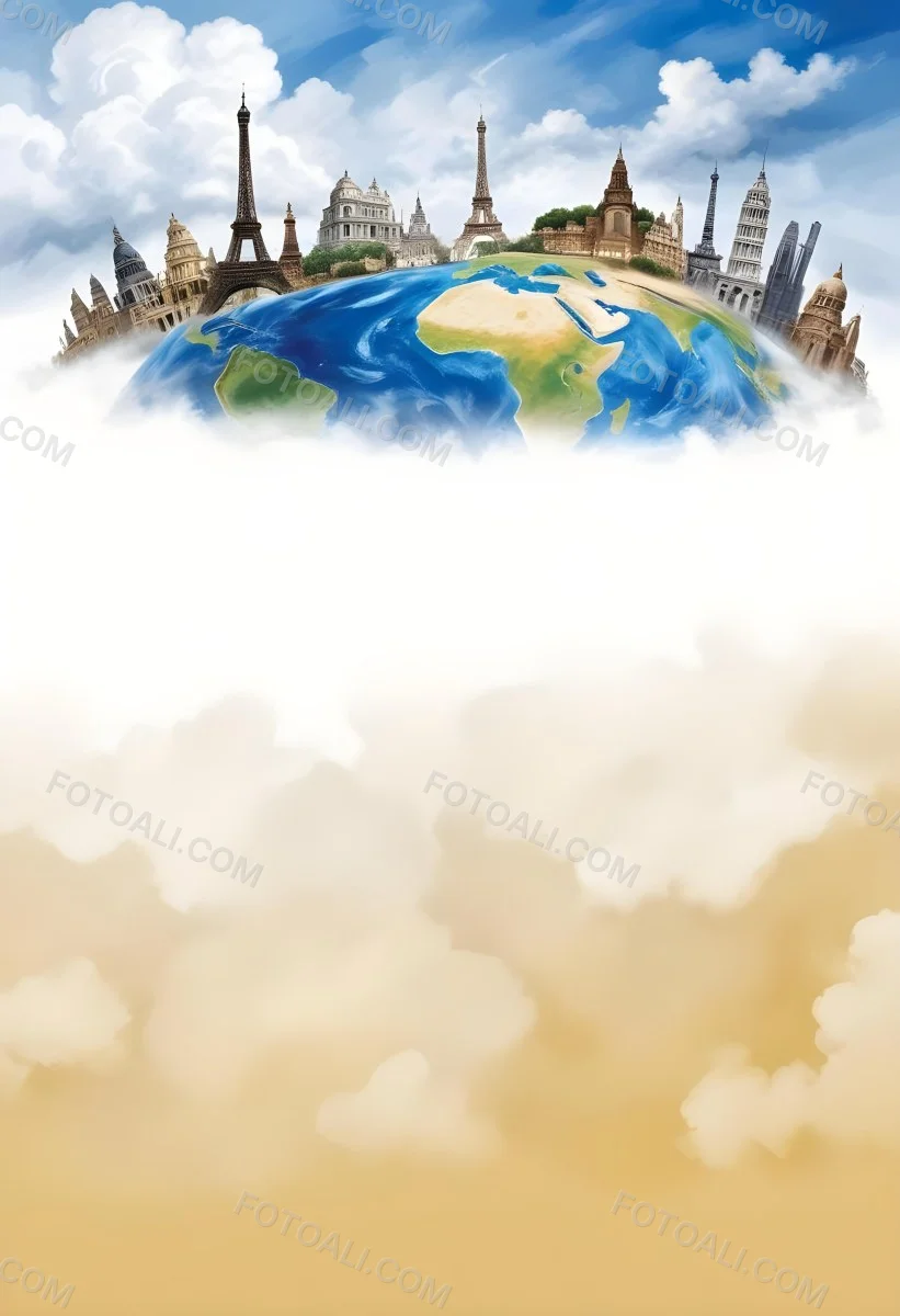 Oil Painting Earth Globe With Famous Monuments On Top Clouds Background Creative Extremely Detailed Brush Stroke 50 222a