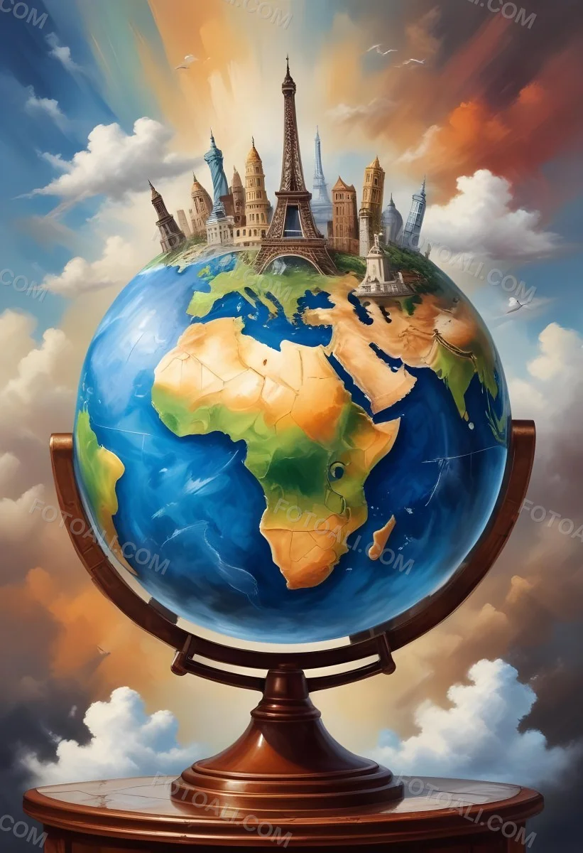 Oil Painting Earth Globe With Famous Monuments On Top Clouds Background Creative Extremely Detailed Brush Stroke 52 6e1f