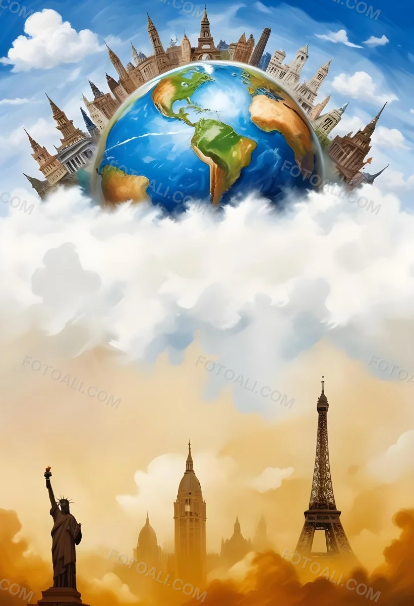 Oil Painting Earth Globe With Famous Monuments On Top Clouds Background Creative Extremely Detailed Brush Stroke 59 Bf97
