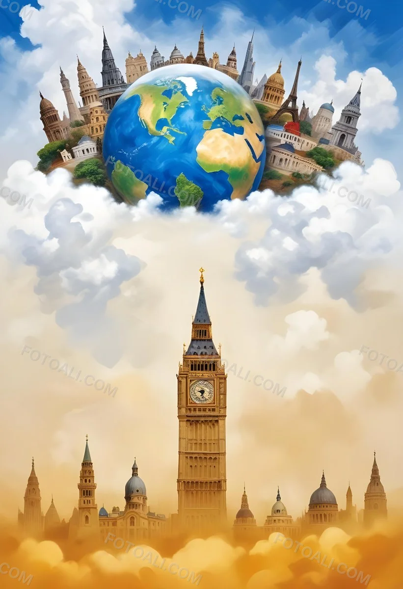 Oil Painting Earth Globe With Famous Monuments On Top Clouds Background Creative Extremely Detailed Brush Stroke 68 63c7