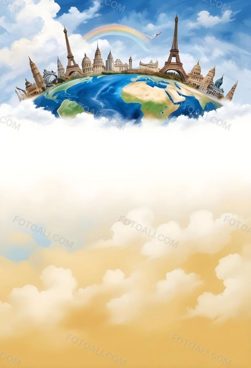 Oil Painting Earth Globe With Famous Monuments On Top Clouds Background Creative Extremely Detailed Brush Stroke 9 Dc6b