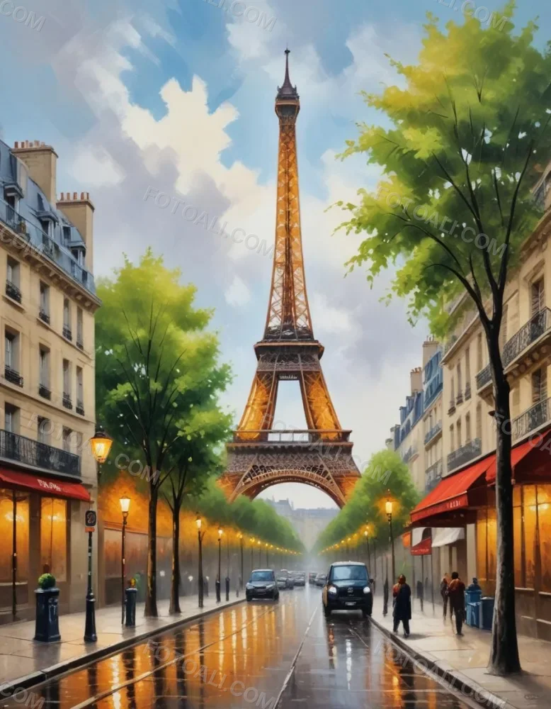 Oil Painting Eiffel Tower From A Street In Paris With Trees And Buildings Creative Extremely Detailed Brush Stroke 10 5014