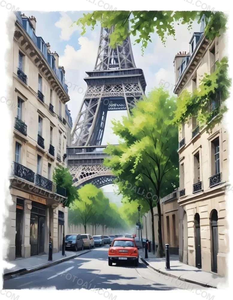 Oil Painting Eiffel Tower From A Street In Paris With Trees And Buildings Creative Extremely Detailed Brush Stroke 12 577d