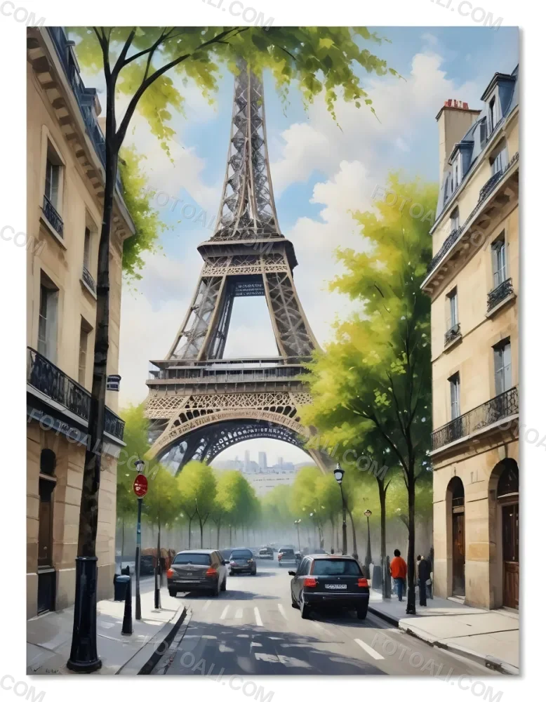 Oil Painting Eiffel Tower From A Street In Paris With Trees And Buildings Creative Extremely Detailed Brush Stroke 17 50db
