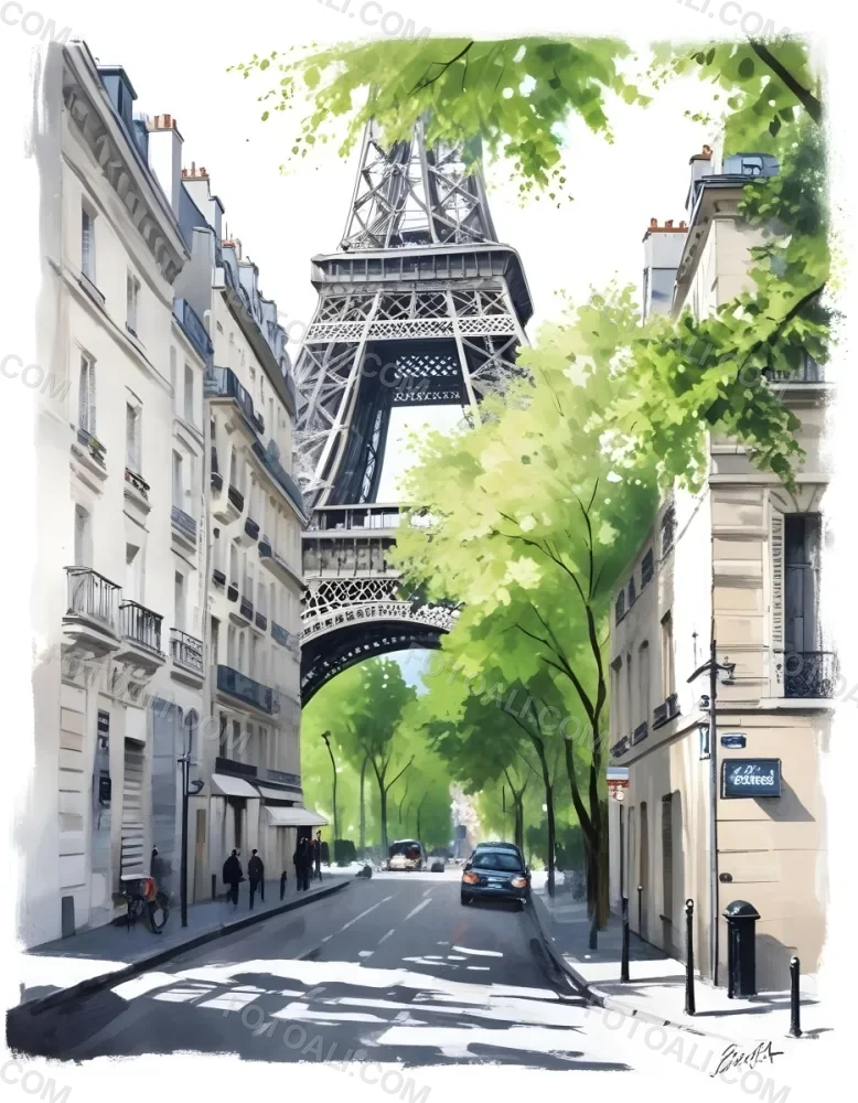 Oil Painting Eiffel Tower From A Street In Paris With Trees And Buildings Creative Extremely Detailed Brush Stroke 3 4ff2