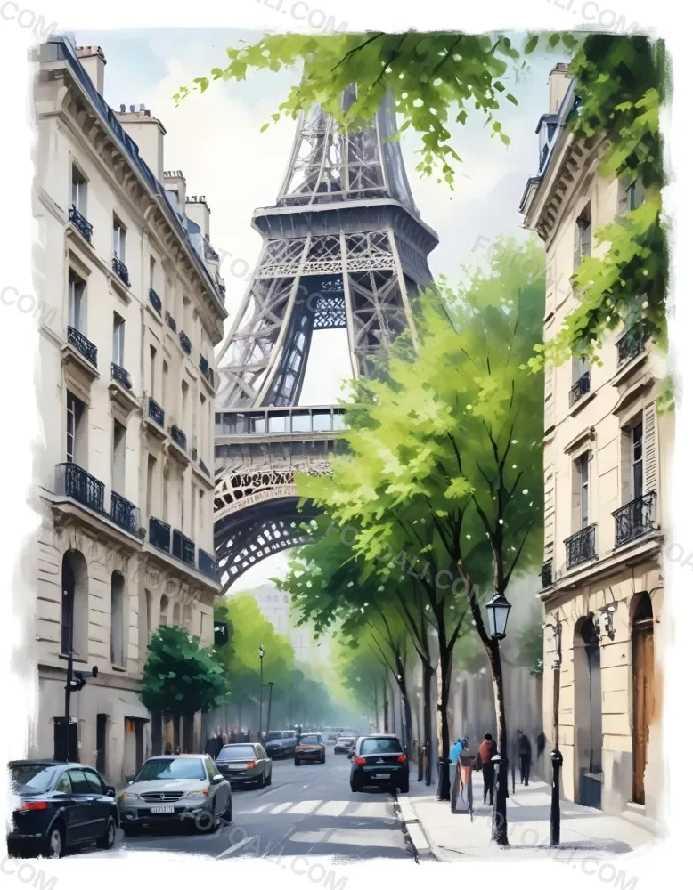 Oil Painting Eiffel Tower From A Street In Paris With Trees And Buildings Creative Extremely Detailed Brush Stroke 5 E5c8