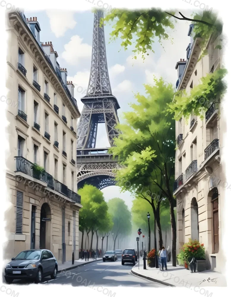 Oil Painting Eiffel Tower From A Street In Paris With Trees And Buildings Creative Extremely Detailed Brush Stroke 7 B86e