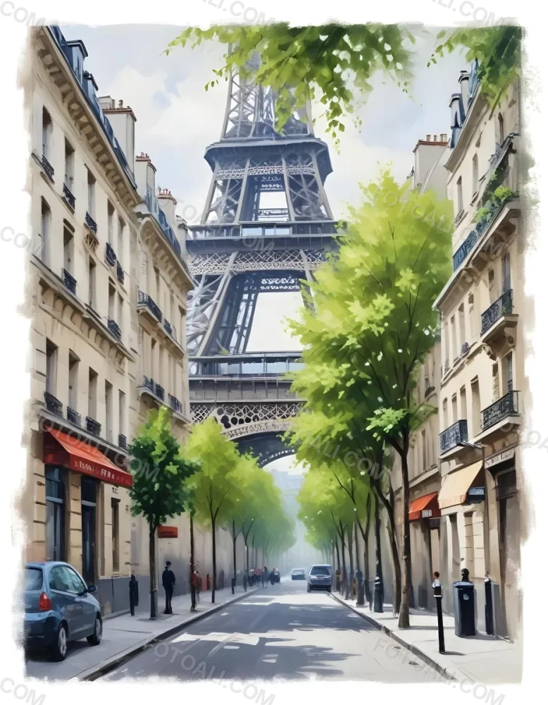 Oil Painting Eiffel Tower From A Street In Paris With Trees And Buildings Creative Extremely Detailed Brush Stroke 7 F69a