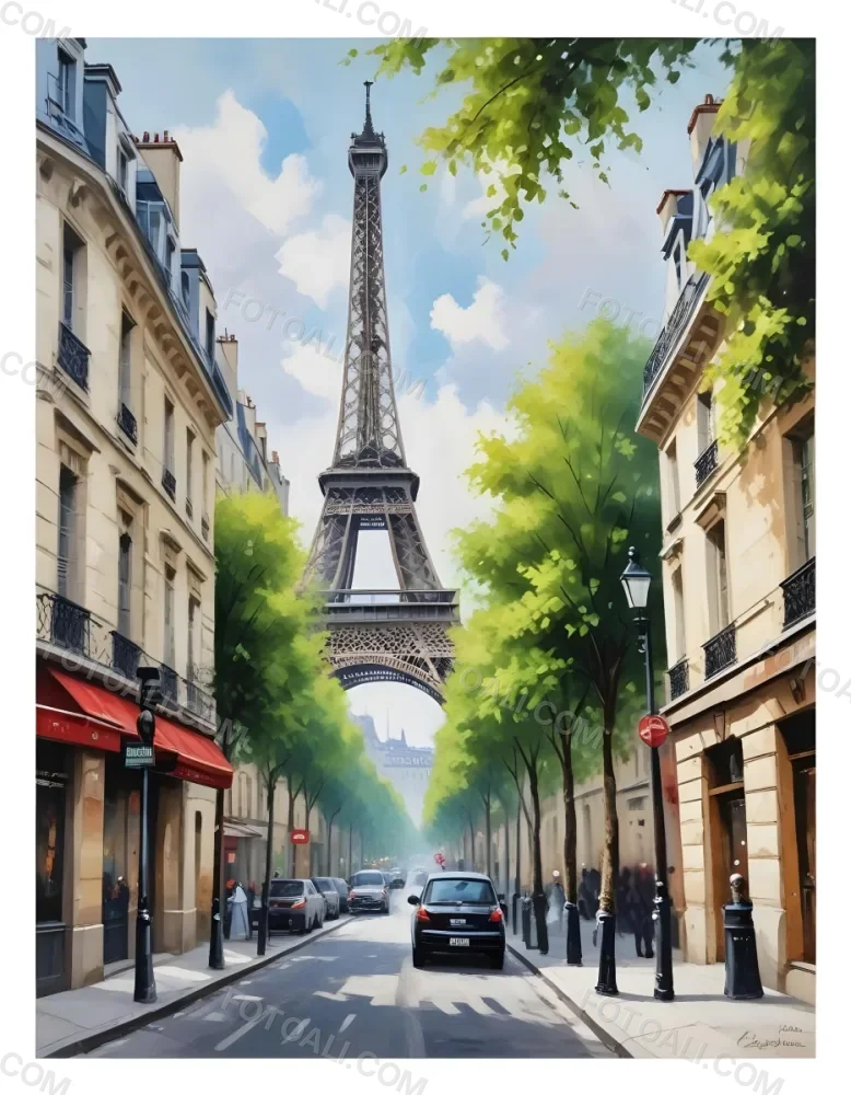 Oil Painting Eiffel Tower From A Street In Paris With Trees And Buildings Creative Extremely Detailed Brush Stroke 8 53ef