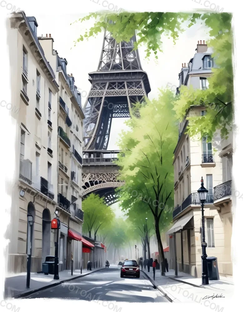 Oil Painting Eiffel Tower From A Street In Paris With Trees And Buildings Creative Extremely Detailed Brush Stroke 8 Aea7