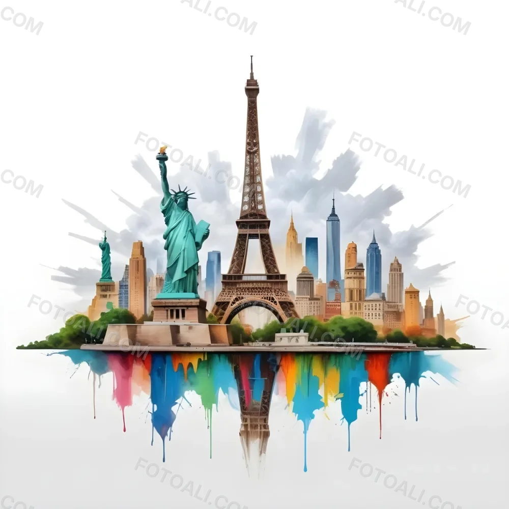 Oil Painting Eiffel Tower Statue Of Liberty And Other Famous Buildings In A Cloudy Background Creative Extremely Detailed Brush Stroke 25 5451