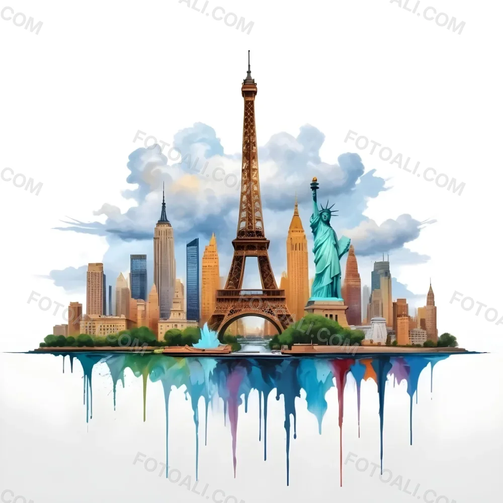 Oil Painting Eiffel Tower Statue Of Liberty And Other Famous Buildings In A Cloudy Background Creative Extremely Detailed Brush Stroke 48 7077