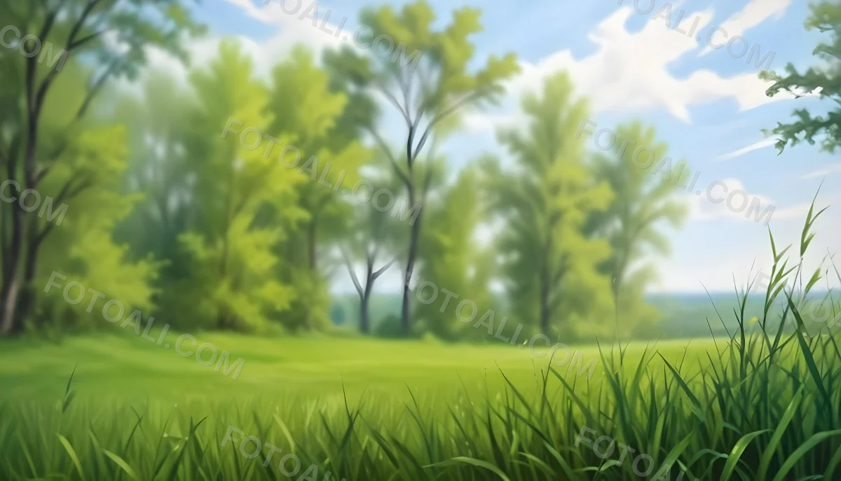 Oil Painting Green Grass In The Foreground Out Of Focus Trees And Sky In The Background Bright And Sunny Day Nature Creative Extremely Detailed Brush Stroke 52 352e