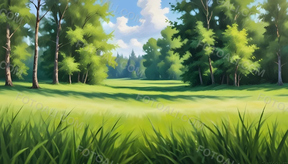 Oil Painting Green Grass In The Foreground Out Of Focus Trees And Sky In The Background Bright And Sunny Day Nature Creative Extremely Detailed Brush Stroke 7 2256