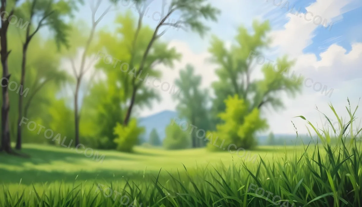 Oil Painting Green Grass In The Foreground Out Of Focus Trees And Sky In The Background Bright And Sunny Day Nature Creative Extremely Detailed Brush Stroke 7 7a21