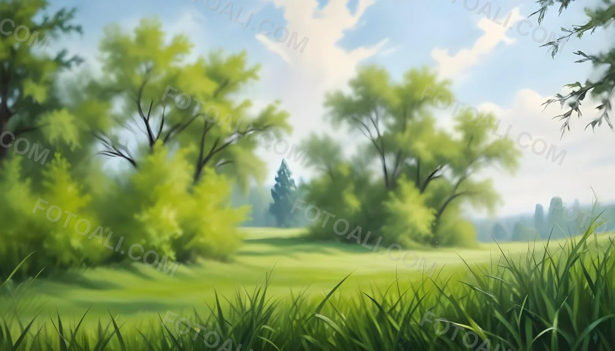 Oil Painting Green Grass In The Foreground Out Of Focus Trees And Sky In The Background Bright And Sunny Day Nature Creative Extremely Detailed Brush Stroke 9 237c