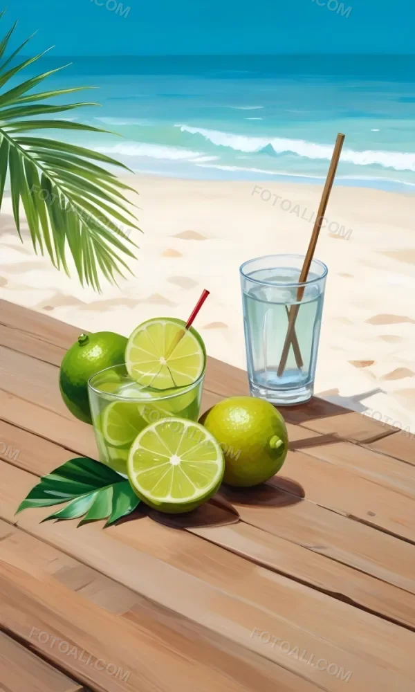 Oil Painting Green Palm Leaves Fresh Limes And A G 1 7062