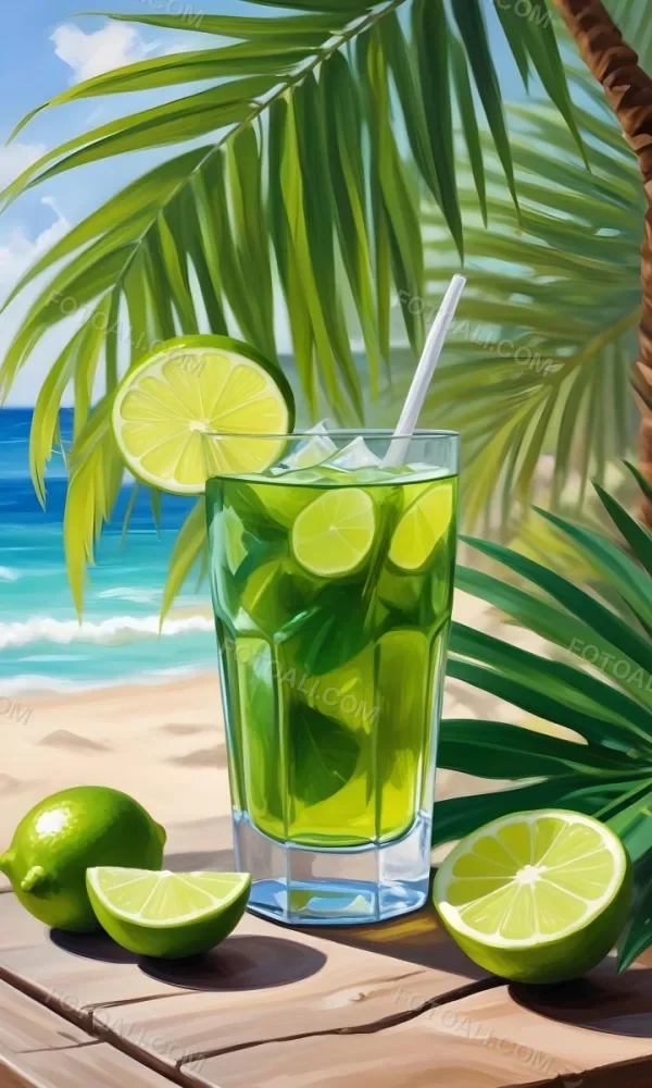 Oil Painting Green Palm Leaves Fresh Limes And A G 41 2b42