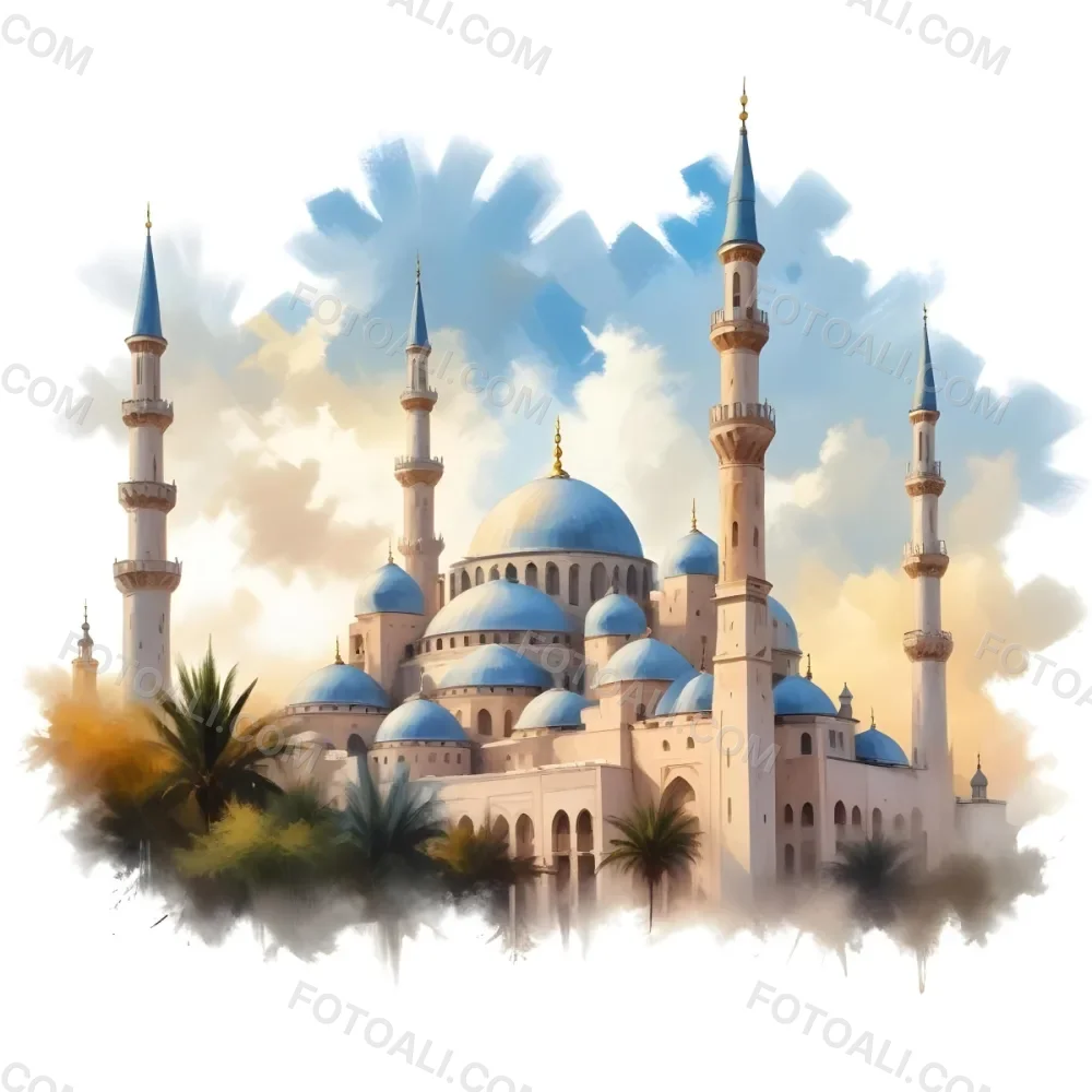 Oil Painting Mosque With Minarets Cloudy Sky Creative Extremely Detailed Brush Stroke 15 7d3e