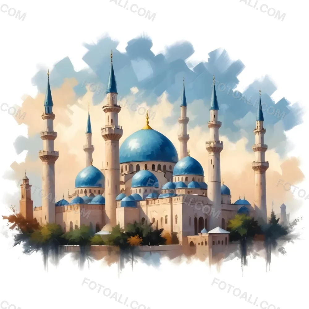 Oil Painting Mosque With Minarets Cloudy Sky Creative Extremely Detailed Brush Stroke 29 B210