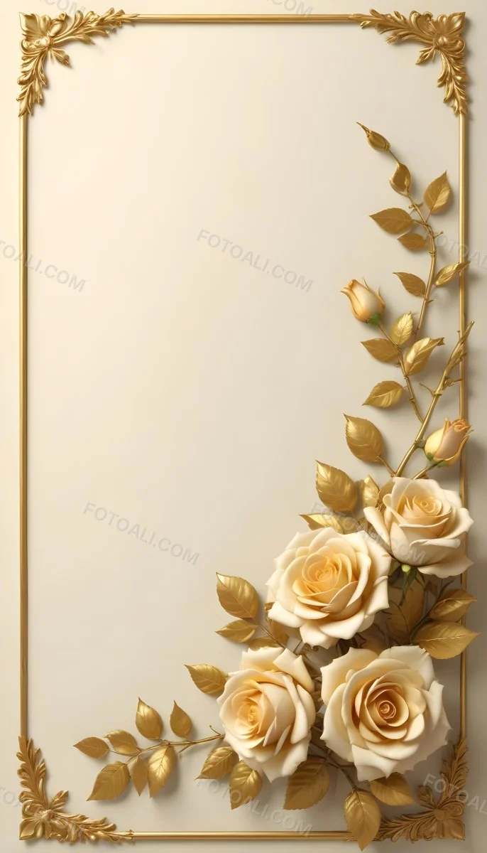 Oil Painting Roses With Yellow Leaves And Stems Light Yellow Background With A Golden Frame On The Left Side Soft Colors Elegant Design Romantic Theme Creative Extremely Detailed Brush Stroke 15 0fea