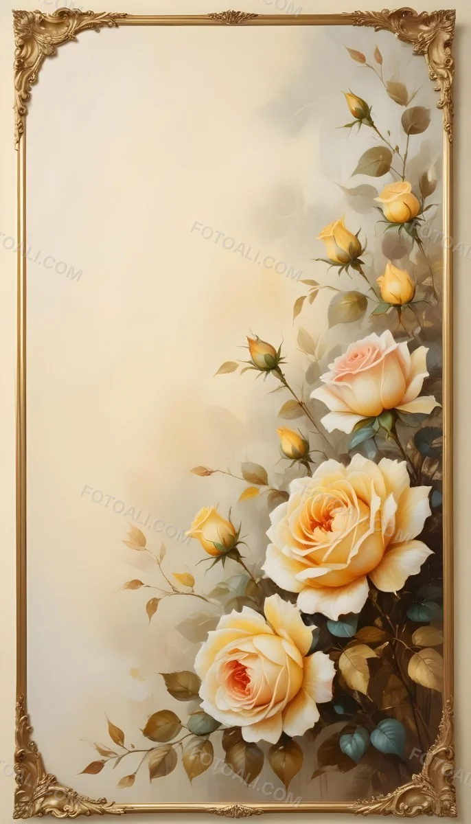 Oil Painting Roses With Yellow Leaves And Stems Light Yellow Background With A Golden Frame On The Left Side Soft Colors Elegant Design Romantic Theme Creative Extremely Detailed Brush Stroke 20 D882