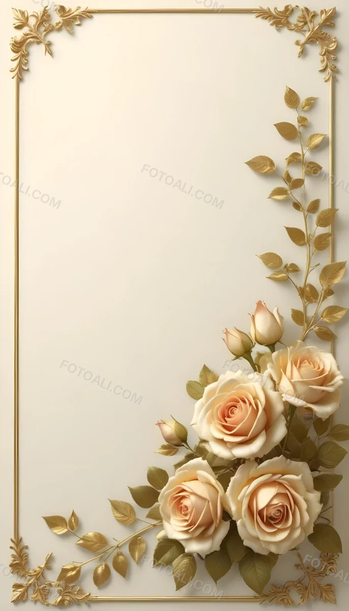 Oil Painting Roses With Yellow Leaves And Stems Light Yellow Background With A Golden Frame On The Left Side Soft Colors Elegant Design Romantic Theme Creative Extremely Detailed Brush Stroke 23 66e3