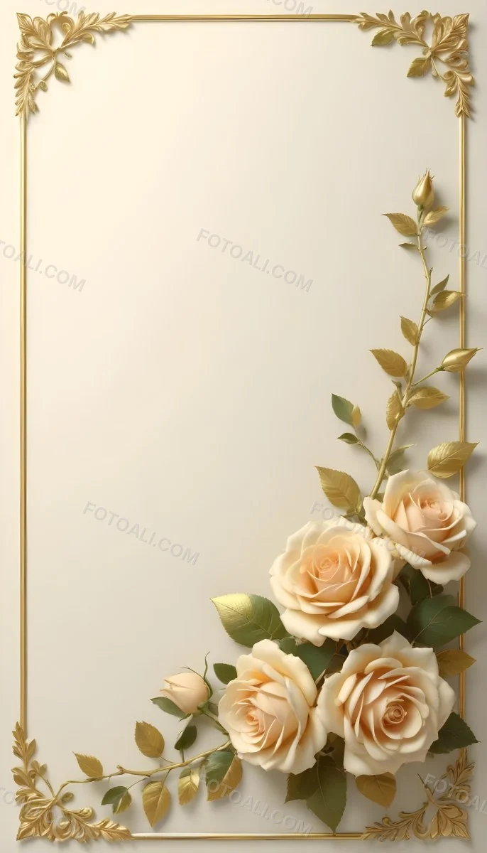 Oil Painting Roses With Yellow Leaves And Stems Light Yellow Background With A Golden Frame On The Left Side Soft Colors Elegant Design Romantic Theme Creative Extremely Detailed Brush Stroke 37 7fcb