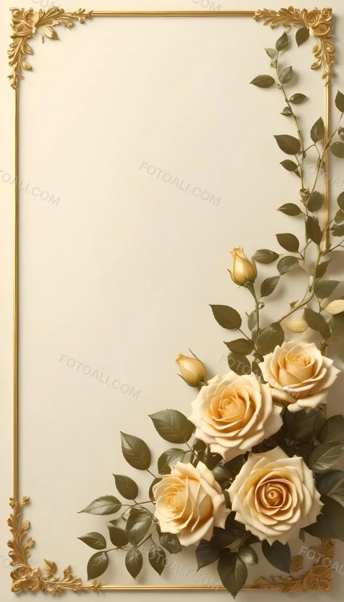 Oil Painting Roses With Yellow Leaves And Stems Light Yellow Background With A Golden Frame On The Left Side Soft Colors Elegant Design Romantic Theme Creative Extremely Detailed Brush Stroke 39 B6b4