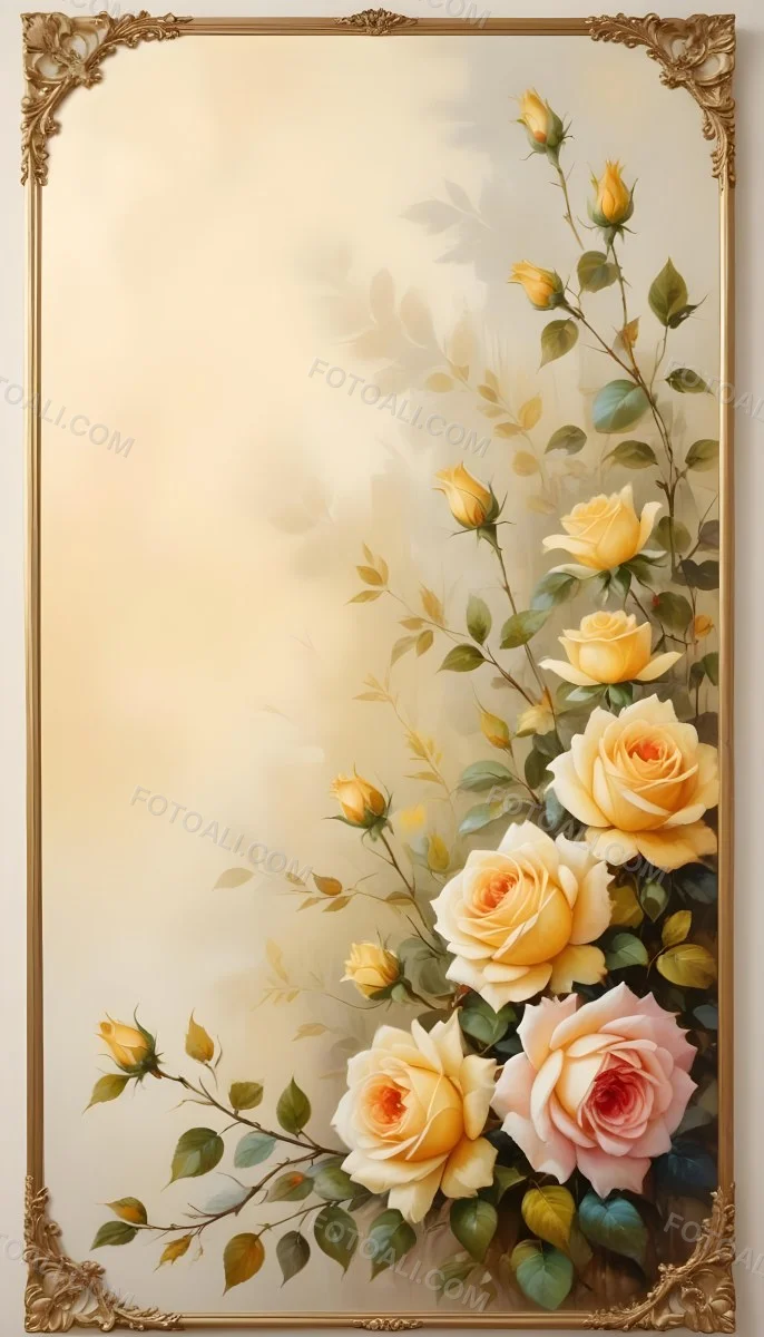 Oil Painting Roses With Yellow Leaves And Stems Light Yellow Background With A Golden Frame On The Left Side Soft Colors Elegant Design Romantic Theme Creative Extremely Detailed Brush Stroke 40 9259