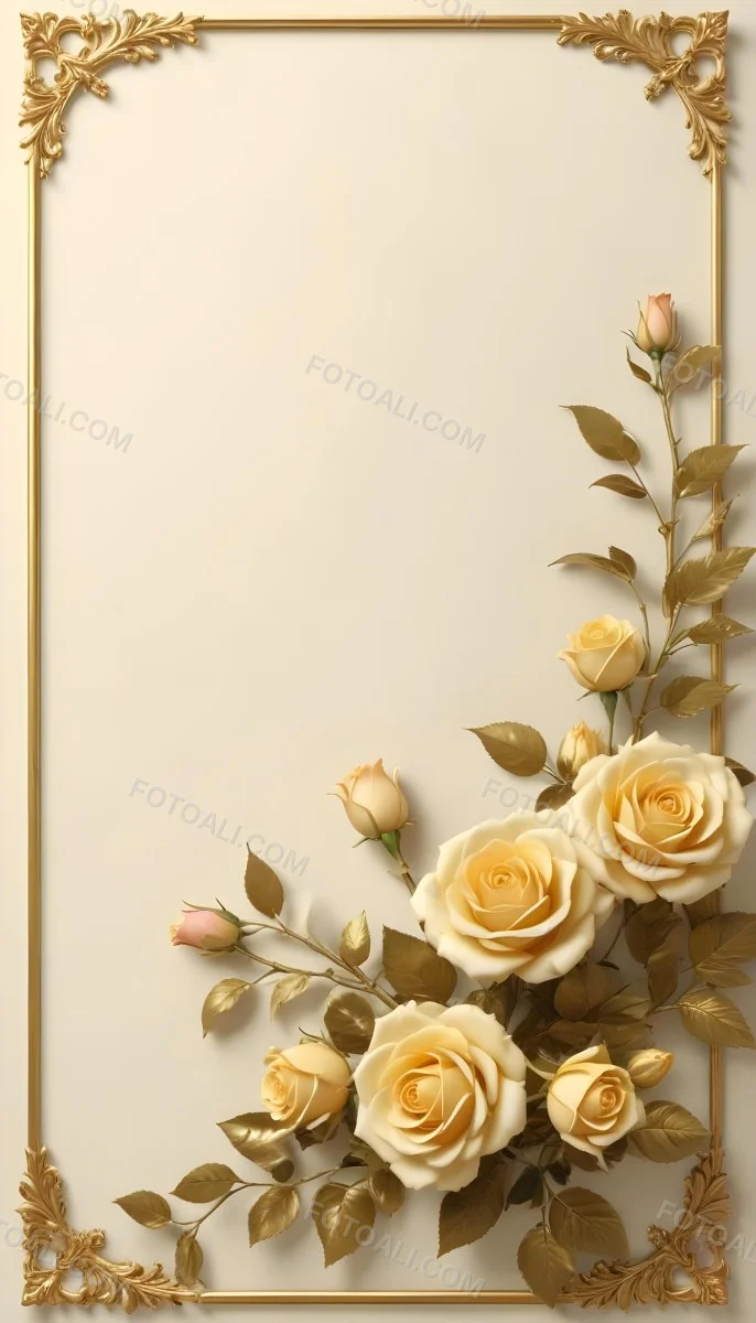 Oil Painting Roses With Yellow Leaves And Stems Light Yellow Background With A Golden Frame On The Left Side Soft Colors Elegant Design Romantic Theme Creative Extremely Detailed Brush Stroke 43 F251