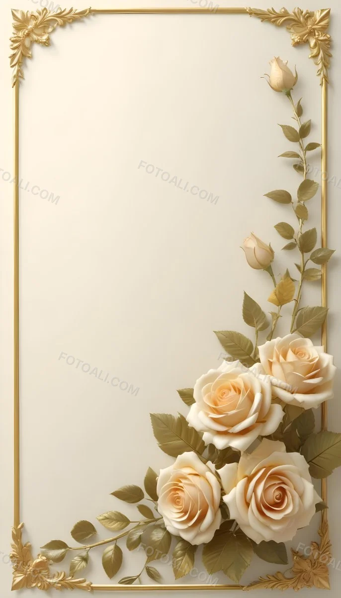 Oil Painting Roses With Yellow Leaves And Stems Light Yellow Background With A Golden Frame On The Left Side Soft Colors Elegant Design Romantic Theme Creative Extremely Detailed Brush Stroke 45 A262