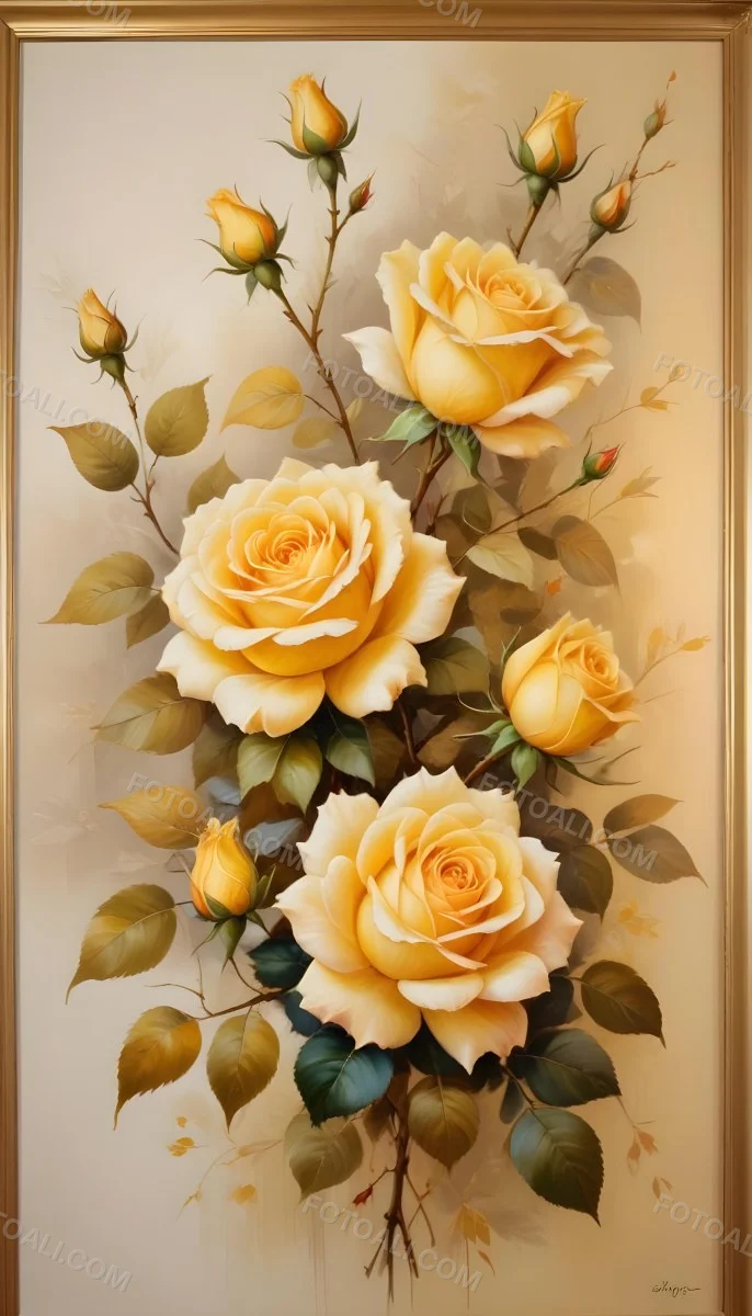 Oil Painting Roses With Yellow Leaves And Stems Light Yellow Background With A Golden Frame On The Left Side Soft Colors Elegant Design Romantic Theme Creative Extremely Detailed Brush Stroke 46 41f8