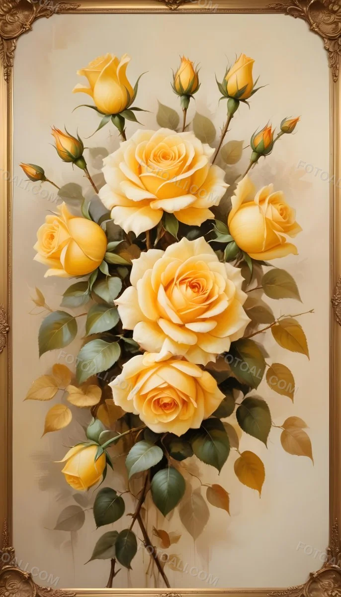 Oil Painting Roses With Yellow Leaves And Stems Light Yellow Background With A Golden Frame On The Left Side Soft Colors Elegant Design Romantic Theme Creative Extremely Detailed Brush Stroke 47 8d22