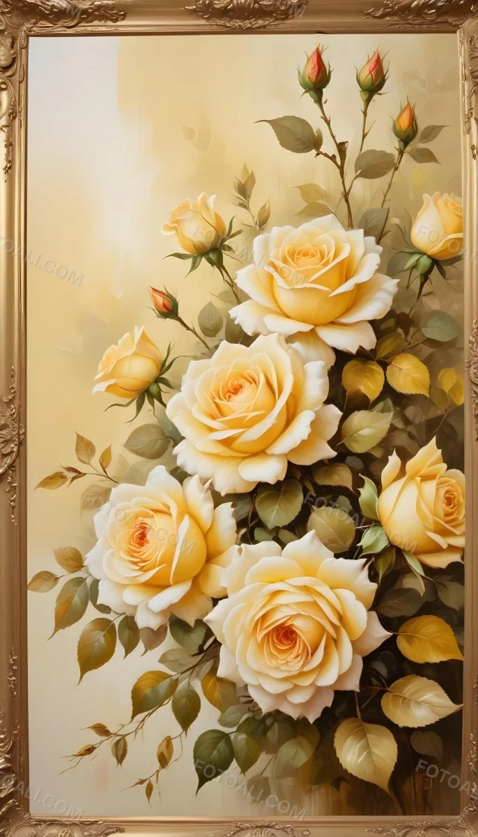Oil Painting Roses With Yellow Leaves And Stems Light Yellow Background With A Golden Frame On The Left Side Soft Colors Elegant Design Romantic Theme Creative Extremely Detailed Brush Stroke 49 E202