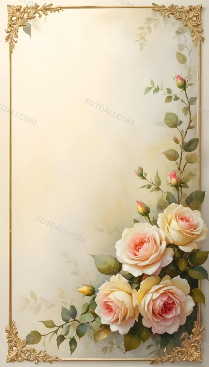 Oil Painting Roses With Yellow Leaves And Stems Light Yellow Background With A Golden Frame On The Left Side Soft Colors Elegant Design Romantic Theme Creative Extremely Detailed Brush Stroke 6 Dfe1