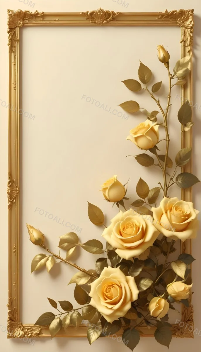 Oil Painting Roses With Yellow Leaves And Stems Light Yellow Background With A Golden Frame On The Left Side Soft Colors Elegant Design Romantic Theme Creative Extremely Detailed Brush Stroke 9 Ceed