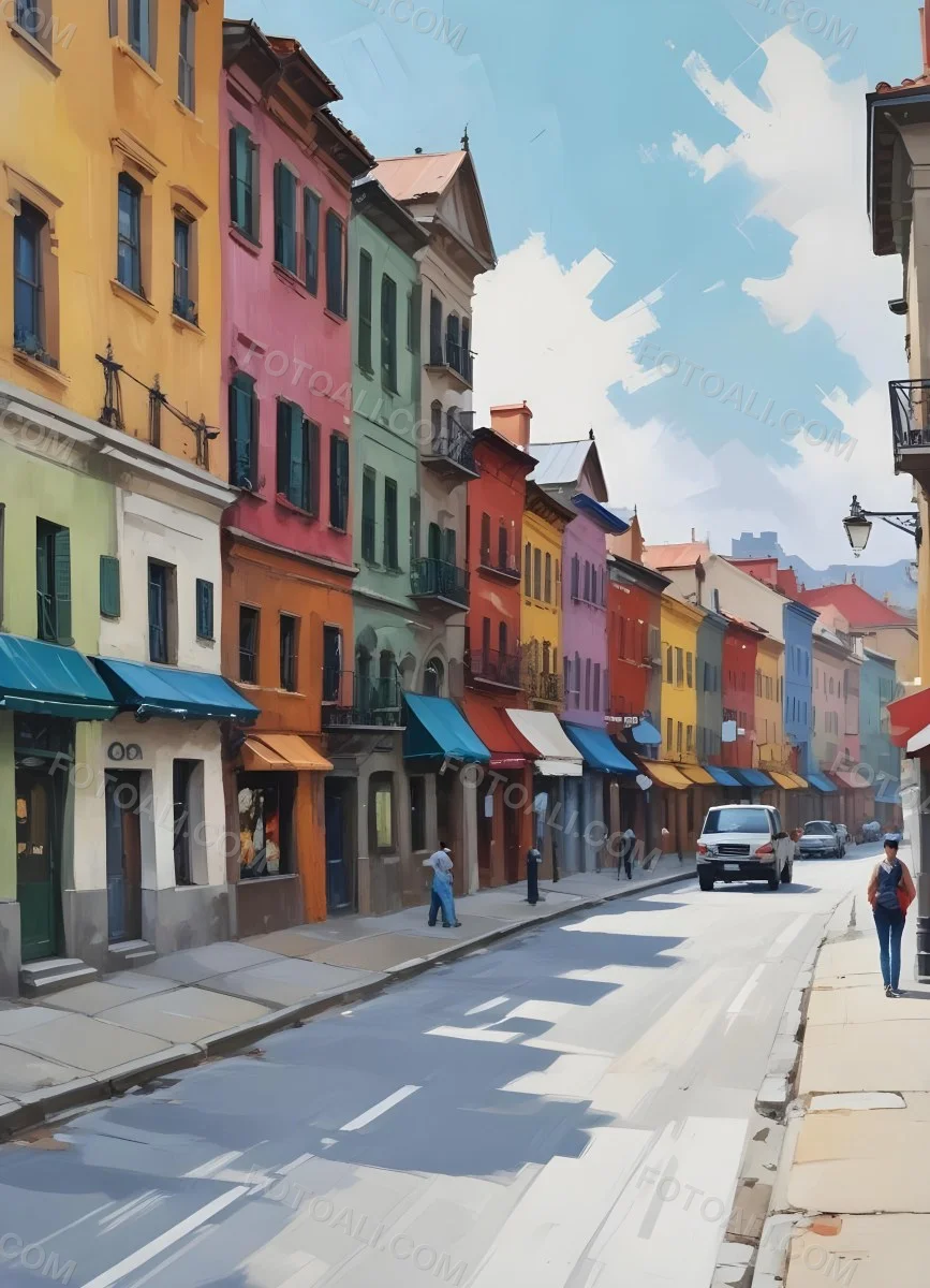 Oil Painting Row Of Colorful Houses With Plants In A City Street Creative Extremely Detailed Brush Stroke 10 B5f7