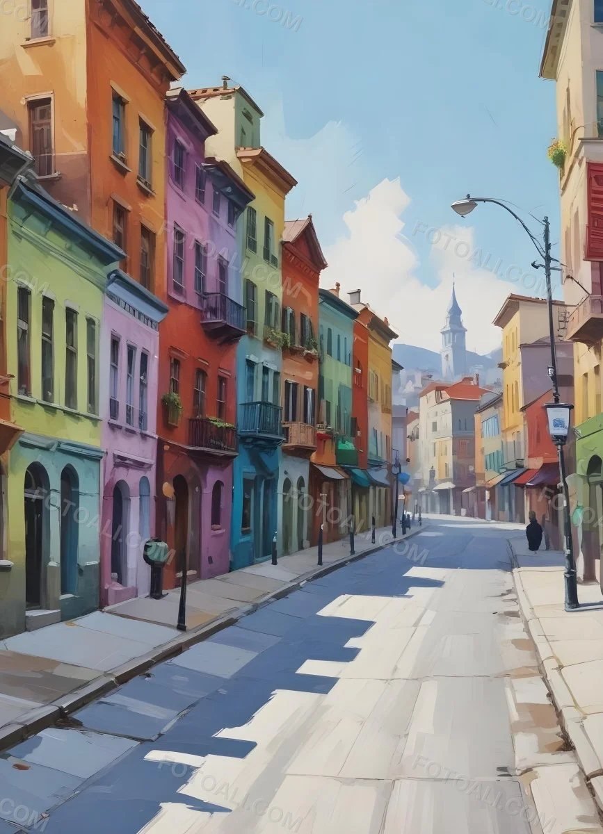 Oil Painting Row Of Colorful Houses With Plants In A City Street Creative Extremely Detailed Brush Stroke 12 3d89
