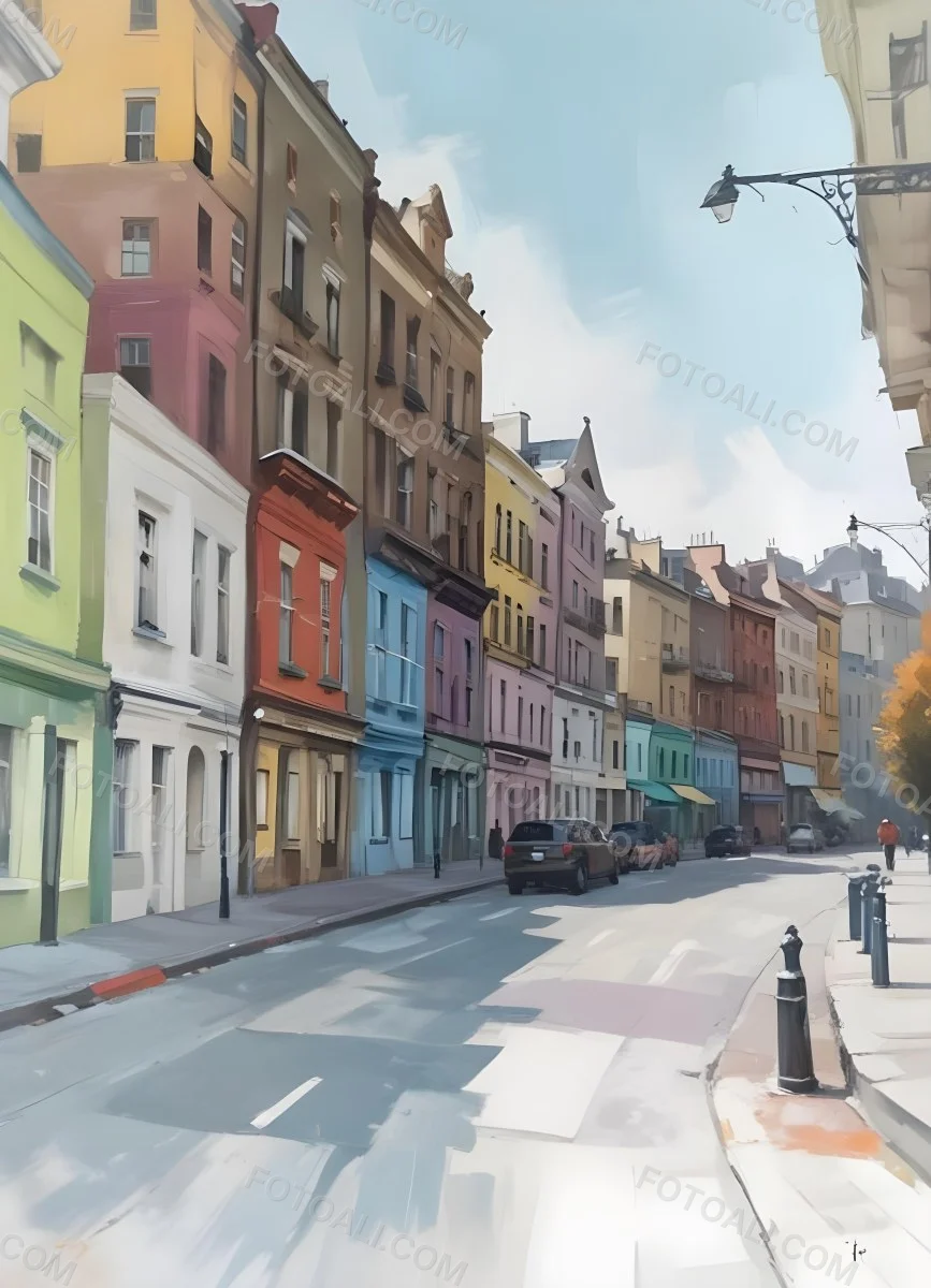 Oil Painting Row Of Colorful Houses With Plants In A City Street Creative Extremely Detailed Brush Stroke 15 5ddb