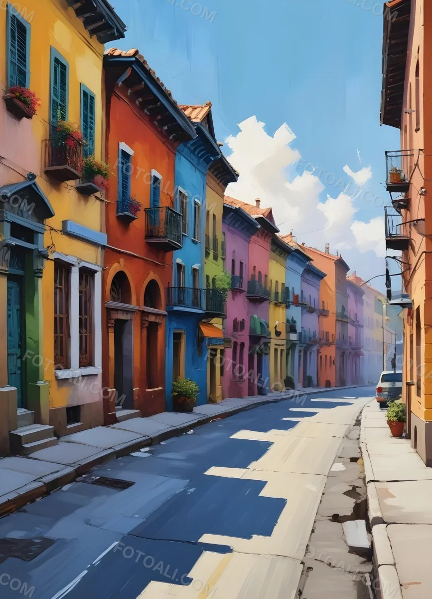 Oil Painting Row Of Colorful Houses With Plants In A City Street Creative Extremely Detailed Brush Stroke 16 E142
