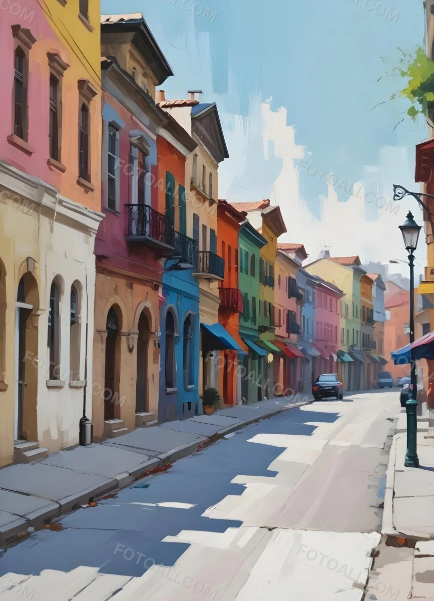 Oil Painting Row Of Colorful Houses With Plants In A City Street Creative Extremely Detailed Brush Stroke 4 3959