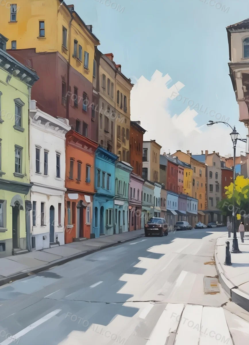 Oil Painting Row Of Colorful Houses With Plants In A City Street Creative Extremely Detailed Brush Stroke 6 Dc13