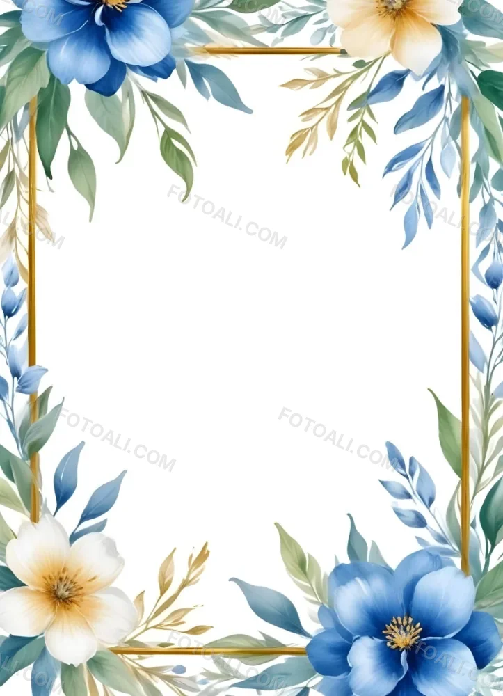 Oil Painting Watercolor Flowers In White And Blue Tones With Green Leaves Golden Frame On The Sides White Background Creative Extremely Detailed Brush Stroke 10 6f5e