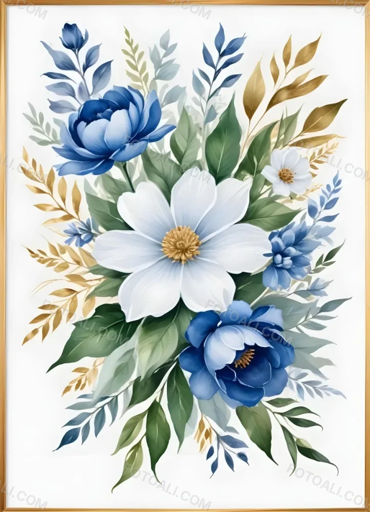 Oil Painting Watercolor Flowers In White And Blue Tones With Green Leaves Golden Frame On The Sides White Background Creative Extremely Detailed Brush Stroke 13 6525