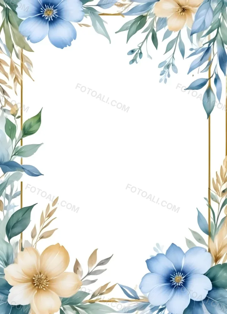 Oil Painting Watercolor Flowers In White And Blue Tones With Green Leaves Golden Frame On The Sides White Background Creative Extremely Detailed Brush Stroke 14 Da0b