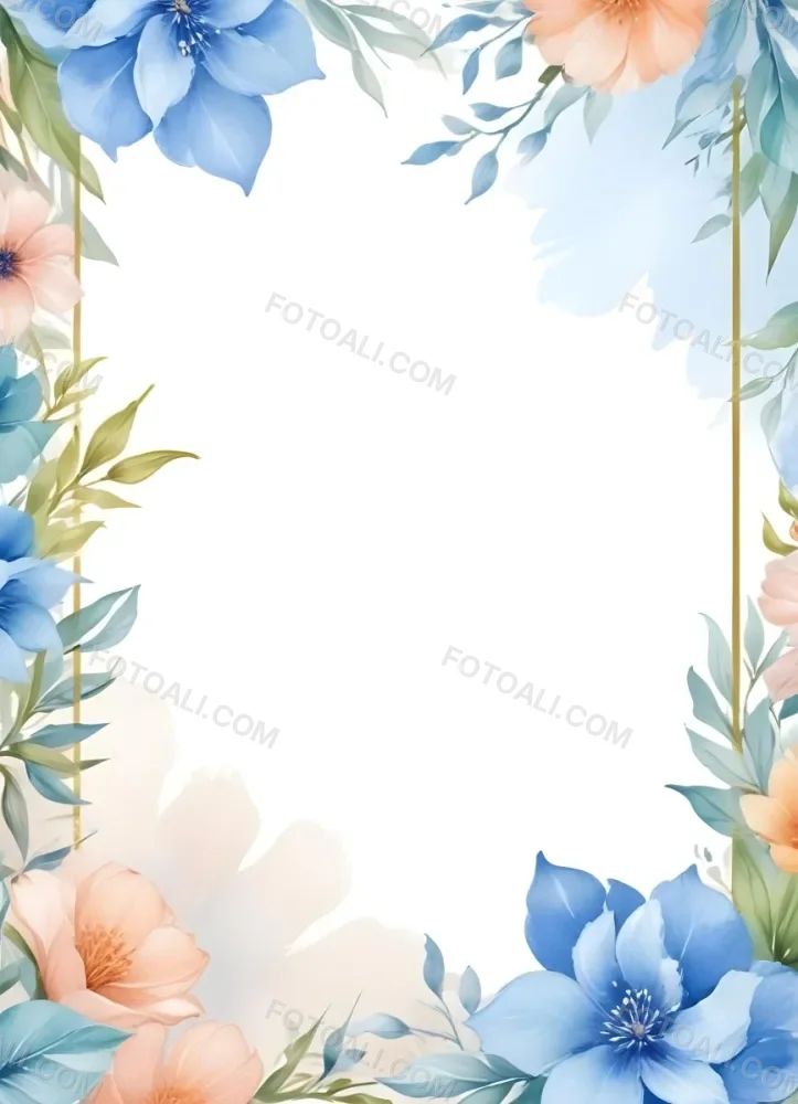 Oil Painting Watercolor Flowers In White And Blue Tones With Green Leaves Golden Frame On The Sides White Background Creative Extremely Detailed Brush Stroke 16 7f7c