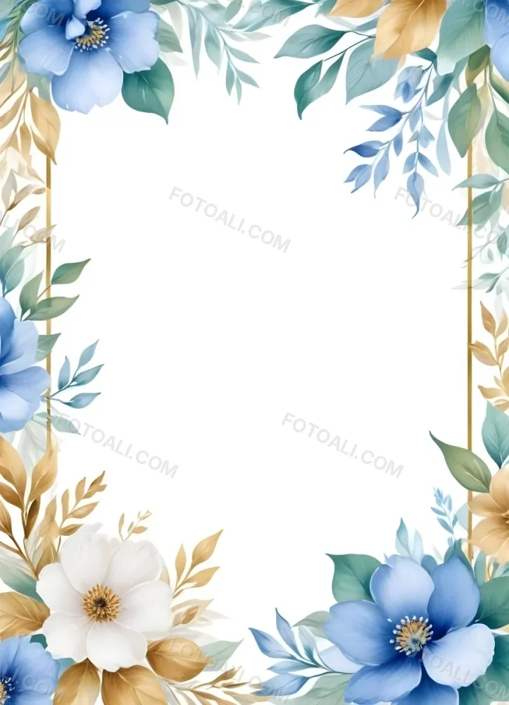 Oil Painting Watercolor Flowers In White And Blue Tones With Green Leaves Golden Frame On The Sides White Background Creative Extremely Detailed Brush Stroke 2 6099