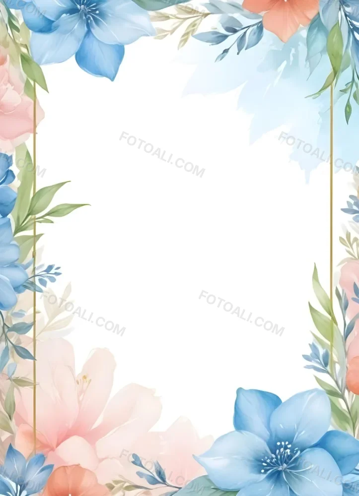 Oil Painting Watercolor Flowers In White And Blue Tones With Green Leaves Golden Frame On The Sides White Background Creative Extremely Detailed Brush Stroke 25 0e21