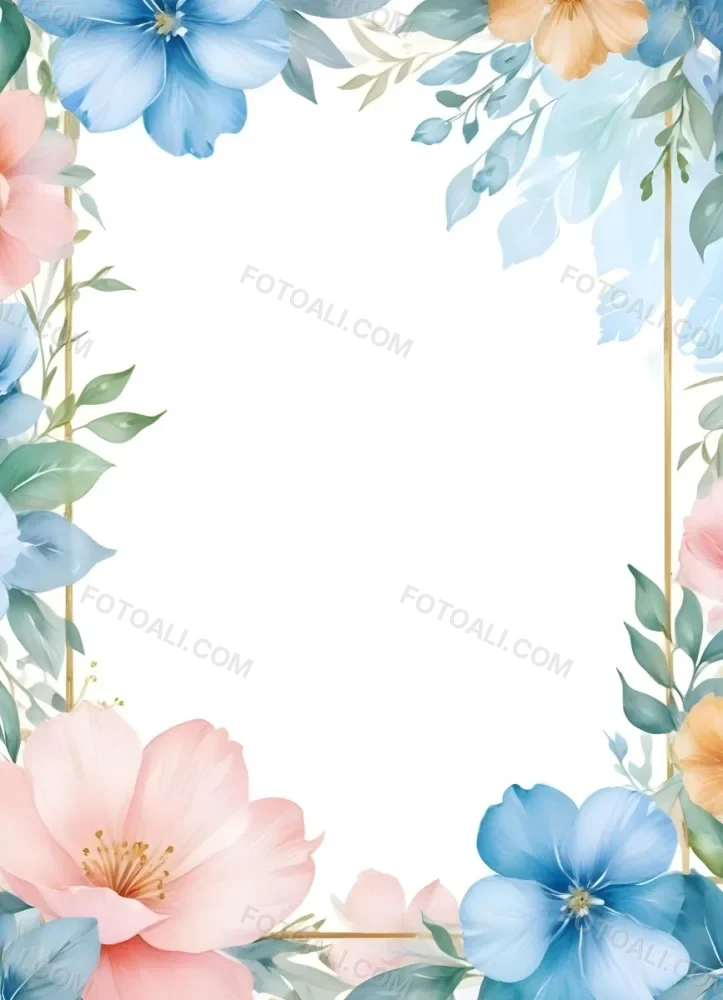 Oil Painting Watercolor Flowers In White And Blue Tones With Green Leaves Golden Frame On The Sides White Background Creative Extremely Detailed Brush Stroke 32 C711